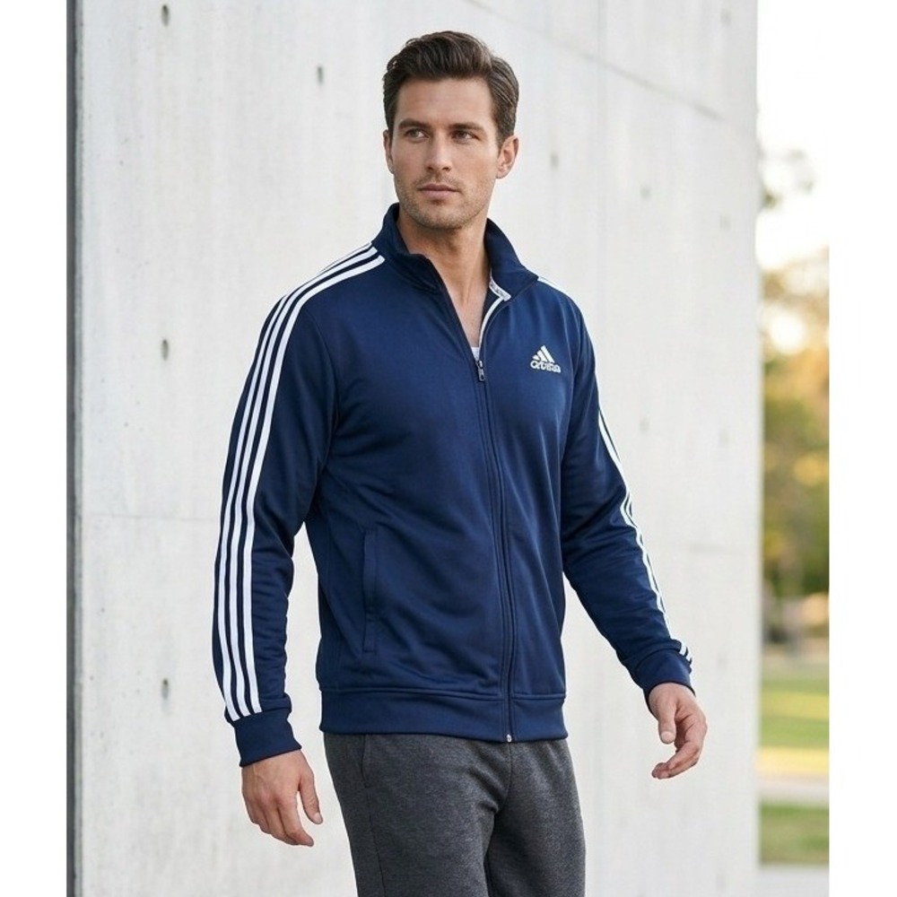 Adidas Mens Navy Blue Three Stripe Full Zip Track Jacket XL Embroidered Logo Y2K